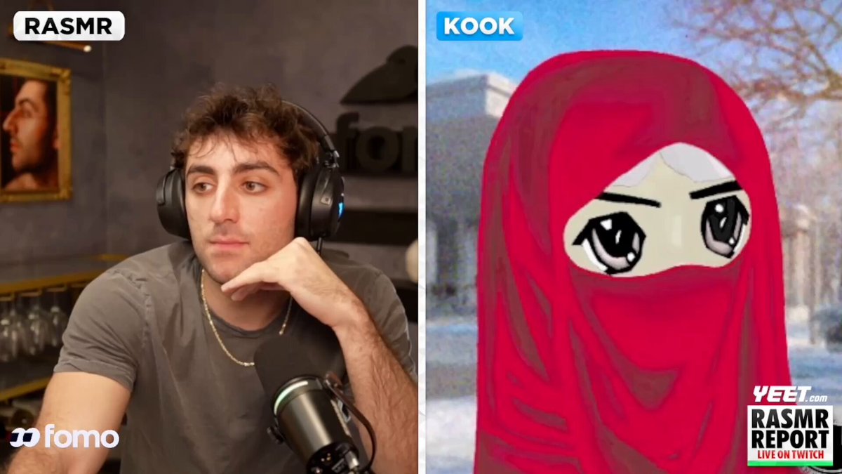 The image shows two men wearing headphones, with one man posing as Kook from another person's digital artwork, and both of them wearing a gray shirt. There are two versions of the graphic that appear in the image - one is a photograph-like representation of Kook, and the other appears to be a cartoon of him. The caption at the bottom of the image suggests that these images were taken on a podcast featuring discussion with Rasmr about this image.