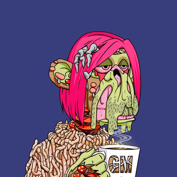 A grotesque cartoon character with long pink hair, a green slimy beard, and zombie-like features, holding a mug labeled 'GM' with steam rising from it.