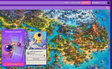 A promotional screenshot of a website featuring a fantasy map and two cards on the left side, one showing a purple character and the other a yellow one-eyed creature, with a 'Get the book!' button.