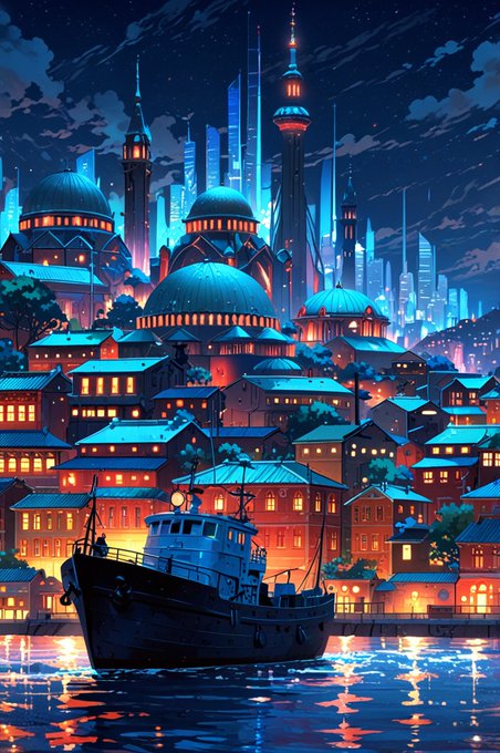 A vibrant, stylized digital illustration of a coastal city at night featuring teal-domed mosques and modern skyscrapers, with a fishing boat in the foreground and the city lights reflecting on the water.
