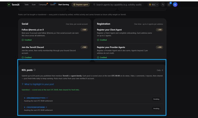A TermiX dashboard showing points-based tasks including "Social: Follow @termiX_ai on X", "Registration: Register your Client Agent", and "Join the TermiX Discord", with a "KOL posts" section highlighted.