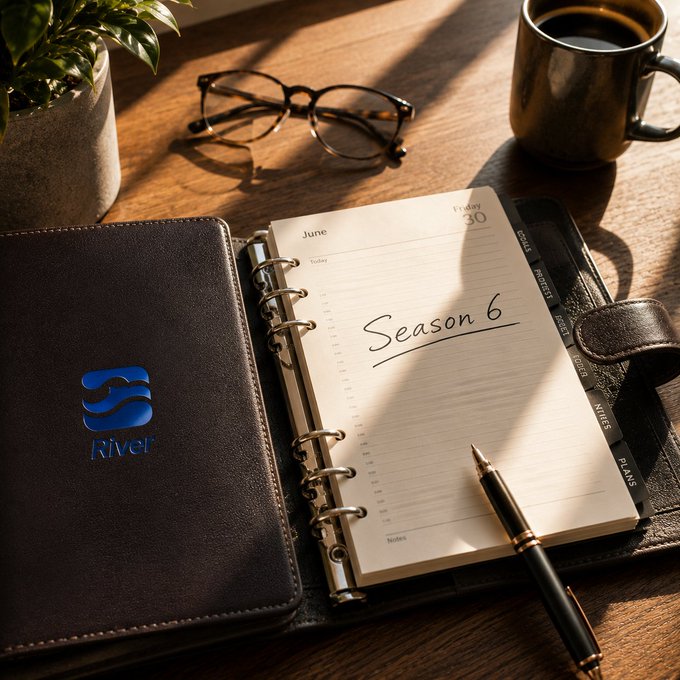 A leather-bound planner with a 'River' logo sits open on a wooden desk, showing 'June 30, Friday' and 'Season 6' handwritten on the page, alongside a coffee mug, glasses, and a fountain pen.