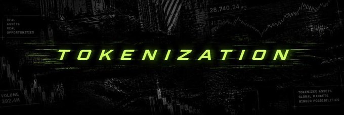 A bold, neon-green "TOKENIZATION" banner overlays a dark cityscape filled with financial charts and market data, including "28,740.24%" gains, "VOLUME 392.4M," and stats for "REAL ASSETS" and "TOKENIZED ASSETS," visually capturing the explosive growth and RWA narrative tied to the $TOKEN launch.