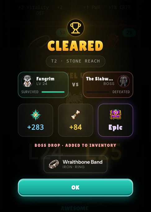 "T2 Stone Reach: CLEARED Fangrim took down Slabwarden, secured the loot, and lived to fight another day. The grind continues, the rewards keep coming, and the arena is only getting tougher."