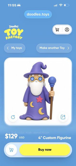 A mobile app screenshot of 'doodles.toys' showing a Toy Factory interface with a 3D-rendered wizard figurine wearing a purple robe and starry glasses, priced at $129 USD for a 4-inch custom figurine.