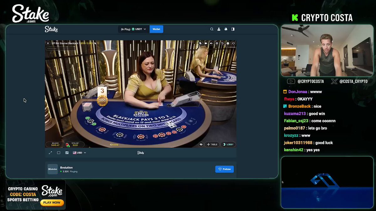 The image presents a casino-themed table where two people are engaged in playing blackjack, with one person sitting at the table while the other stands next to him. The players use chatbot services, specifically ChatGPT, for their conversation during the game. The presence of these chatbot services suggests that the post is about ChatGPT and its application to casino or gaming platforms.