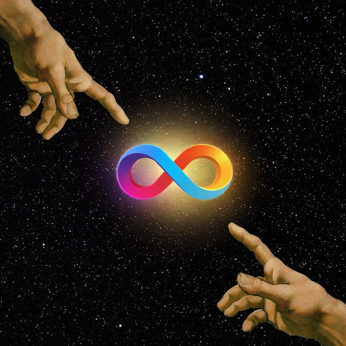 The image features a pair of hands reaching out towards each other, with an "infinity" symbol or a colorful digital art design floating between them. The background of the image is black, which contrasts with the vibrant colors of the infinity symbol. The caption below the image reads "i'll choose $ICP every time".