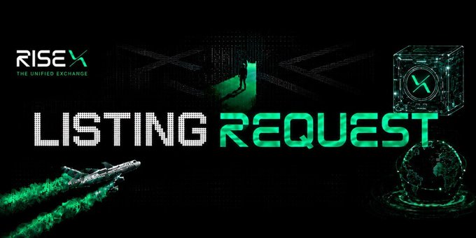 A promotional banner for 'RISEX THE UNIFIED EXCHANGE' displays a 'LISTING REQUEST' in large pixelated text, featuring futuristic 3D graphics including a glowing cube, a globe, and a spaceship with green energy trails.