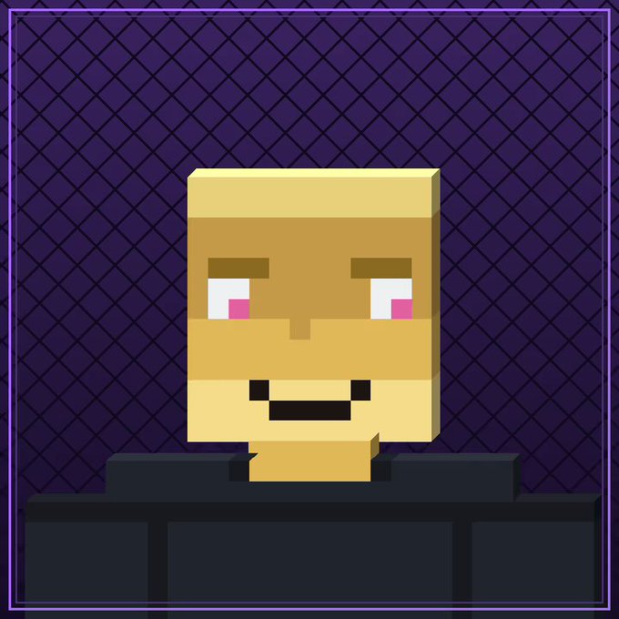 A pixel art character with a tan complexion, pink cheeks, and a slight smile stands against a purple grid background.