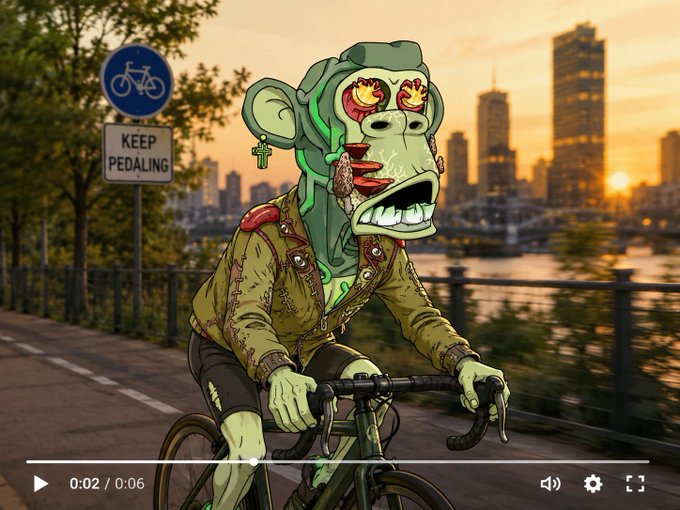 An animated illustration of a zombified Bored Ape NFT character with glowing red eyes riding a bicycle past a 'KEEP PEDALING' sign along a waterfront city path at sunset, shown as a video player at 0:02/0:06.