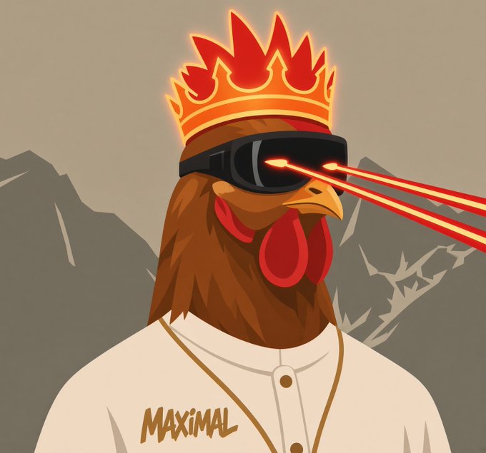 An illustration of a rooster wearing a flaming crown and black sunglasses with red laser beams shooting from the lenses, wearing a white jacket with 'MAXIMAL' written across the chest.