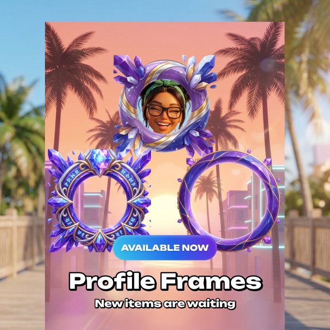 A promotional graphic displays "AVAILABLE NOW Profile Frames New items are waiting" alongside three purple crystal-themed decorative frames, one featuring a smiling character with glasses and a headwrap, set against a tropical sunset with palm trees. The image showcases new in-game profile frame cosmetics available for players, aligning with the Telegram channel post inviting users to play and explore new game content.
