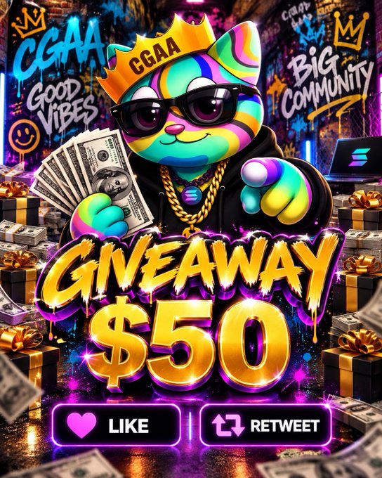 A colorful cartoon cat mascot wearing a gold "CGAA" crown and sunglasses holds a fan of $50 bills amid stacks of cash and gifts, promoting a "GIVEAWAY $50" with "GOOD VIBES" and "BIG COMMUNITY" graffiti text. The vibrant design ties directly to the post announcing a 50 giveaway ending in 24 hours, encouraging users to like and retweet for entry.