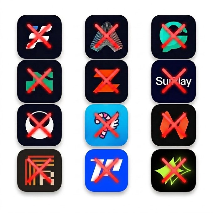 A 4x3 grid of twelve app icons—resembling Feedbin, Ramp, Olive, Arc, Basecamp, SunDay, Headspace, Meh, Hypefury, What If, Logitech, and Sprinkle—each crossed out with a large red "X," visually symbolizing the twelve notable projects absent from Basecamp 2026 that the author still feels the absence of.
