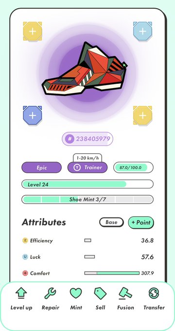 Screenshot of a mobile game interface showing a level 24 Epic Trainer running shoe with attributes including Efficiency 36.8, Luck 57.6, and Comfort 307.9.