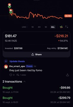 A dark-themed cryptocurrency tracking app displays a price of '$181.47' with a red change of '-$216.21,' a '52.4K FAZE' metric, and transactions from user 'the_smart_ape' including 'Bought' orders at '$99.86' and '-$299.79.'