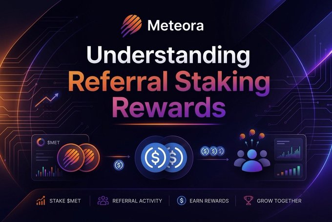 A promotional graphic titled 'Meteora: Understanding Referral Staking Rewards' showing a flow diagram with icons for staking $MET, referral activity, earning rewards, and growing together.