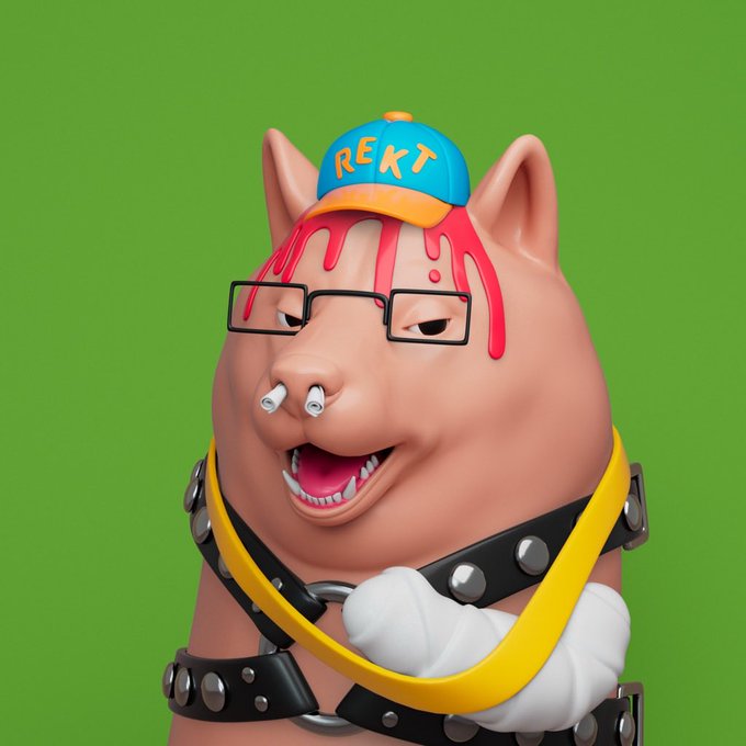 A 3D-rendered cartoon dog wearing glasses, a spiked collar, and a blue cap reading 'REKT' has pink liquid dripping over its head.