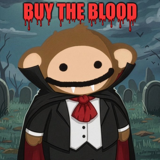 A cartoon monkey character dressed as a vampire in a graveyard setting, with red dripping text reading 'BUY THE BLOOD' at the top.