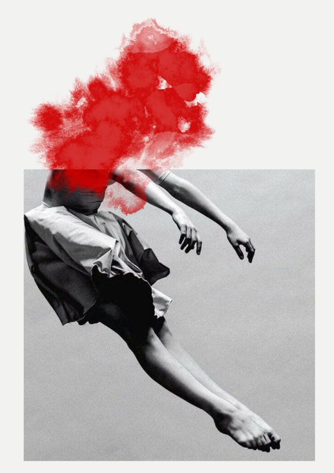 An artistic collage depicts a black-and-white photograph of a woman in a flowing skirt appearing to leap or fall, with her upper body replaced by a vibrant, textured red cloud of smoke or powder.