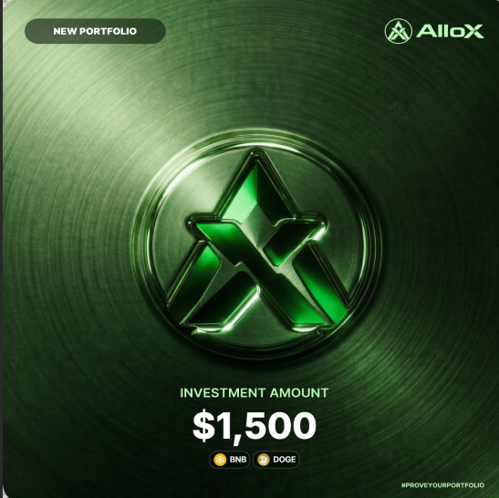 A promotional graphic from AlloX announcing a 'NEW PORTFOLIO' with an investment amount of $1,500, payable in BNB or DOGE, featuring a metallic green logo design.