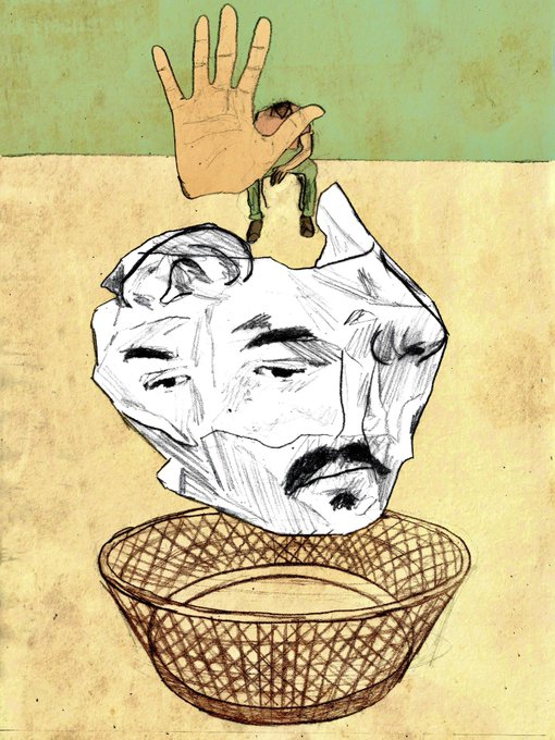 Artistic illustration of a hand pressing down on a crumpled white face/mask with closed eyes and a mustache, floating above a woven basket.