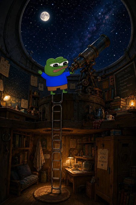 A Pepe the Frog character stands on a ladder inside a cozy observatory tower, looking through a telescope at a starry night sky featuring a full moon.