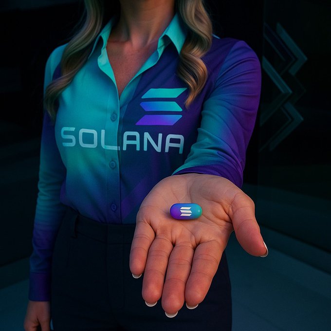 A person wearing a button-up shirt featuring the "SOLANA" logo and Solana's signature triple-chevron symbol holds out a small purple-and-teal pill marked with the same Solana emblem, visually echoing the "take the solana pill" meme. The dark, futuristic background reinforces the crypto-themed, Matrix-style aesthetic.