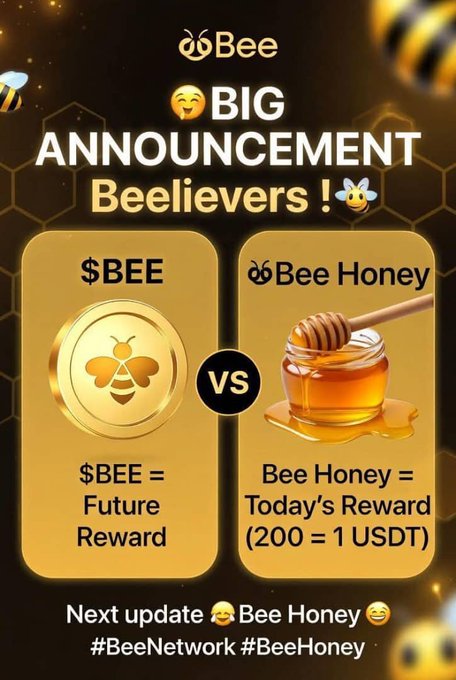 A promotional graphic from Bee Network announces the upgrade of the $BEE token to "Bee Honey," comparing the two side-by-side with a "vs" badge. The image shows a gold $BEE coin labeled "Future Reward" alongside a honey jar with dipper labeled "Bee Honey = Today's Reward (200 = 1 USDT)," with hashtags #BeeNetwork #BeeHoney at the bottom.