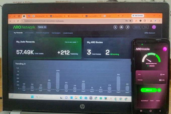 A laptop displays the ARO Network dashboard showing 57.49K Jade Rewards, alongside a phone showing the ARQ Mobile app interface.