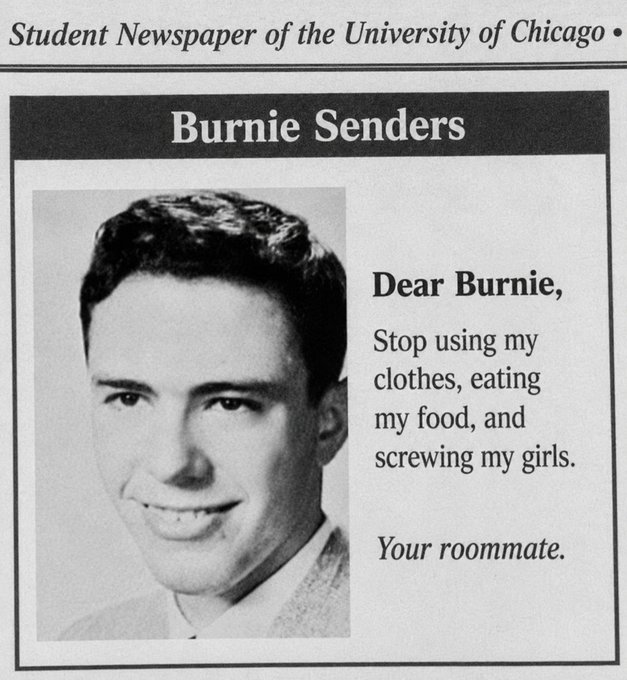 A fake "Student Newspaper of the University of Chicago" classified ad titled "Burnie Senders" with a letter reading "Dear Burnie, Stop using my clothes, eating my food, and screwing my girls. Your roommate."