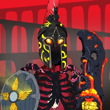 A stylized digital illustration of a dark-armored warrior with glowing yellow eyes and a red plume helmet, holding a shield and a fiery weapon against a red background.