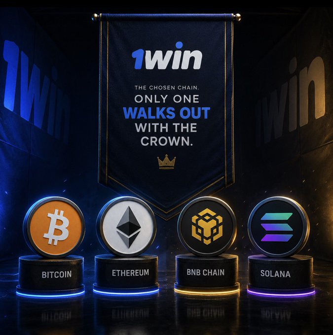 Dark promotional image displaying "1win" branding with text "THE CHOSEN CHAIN. ONLY ONE WALKS OUT WITH THE CROWN." above four cryptocurrency pedestals: Bitcoin, Ethereum, BNB Chain, and Solana.