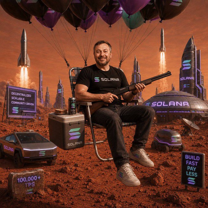 A digitally rendered scene on a Mars-like landscape features a smiling man seated in a lawn chair holding a shotgun, surrounded by Solana-branded items including a Cybertruck, a cooler, rockets, futuristic buildings, and signs reading 'DECENTRALIZED SCALABLE COMMUNITY DRIVEN', '100,000+ TPS', and 'BUILD FAST PAY LESS'.