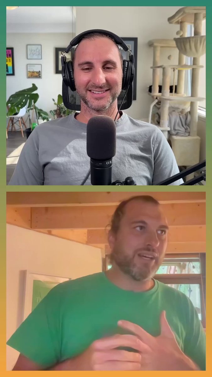 The image shows two men wearing headphones and talking into microphones while sitting at desks or chairs. One man has a green shirt, and the other has a gray one. The background features a room with a window and a potted plant on a table. There is also an image of a person holding a pot in the background. The caption reads: "From boiling water to selling weed out of a locker, @griffgreen talks about the beginning of the DAO."