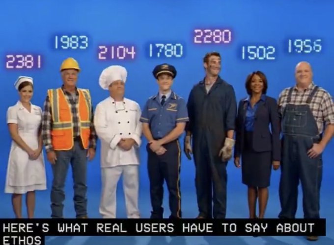A humorous image showing seven people dressed in various professions (nurse, construction worker, chef, pilot, mechanic, businesswoman, farmer) with pixelated numbers floating above them, with the caption 'HERE'S WHAT REAL USERS HAVE TO SAY ABOUT ETHOS' at the bottom.
