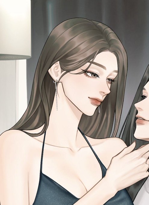 An illustrated portrait of a brown-haired woman in a dark dress with dangling earrings, shown looking to the side.
