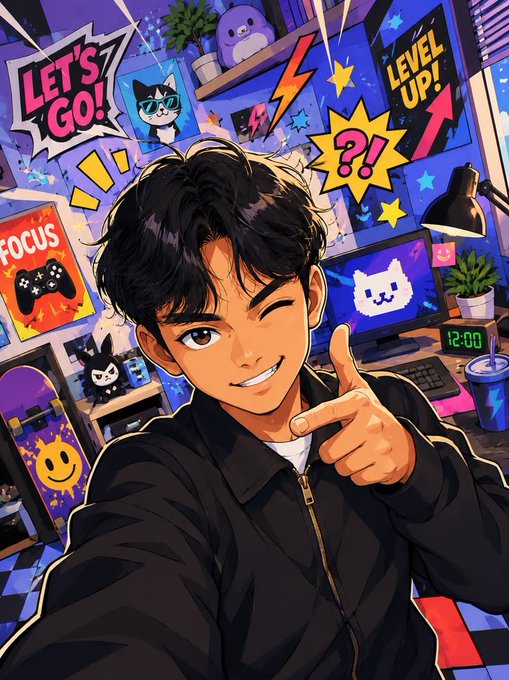Anime-style illustration of a young man winking and pointing at the camera in a colorful gaming room with "LET'S GO!", "LEVEL UP!", and "FOCUS" posters on the walls.
