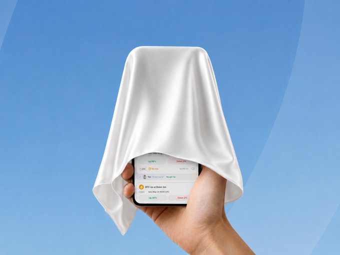 A hand holding a smartphone displaying a Bitcoin buy/sell order screen, partially covered by a white cloth against a blue sky background.