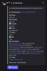 A dark-themed `ca-feed-tg` chat interface displays a message containing a long list of DeFi token mentions including $Cheems, $CLM, $BASELINE, and many others, with $BASELINE highlighted in blue matching the post's celebration of its price surge from $74k to $4m.