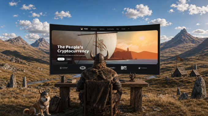 A Viking wearing a horned helmet sits at a desk in a mountainous landscape, watching a large screen displaying a website titled 'PluKi' with the tagline 'The People's Cryptocurrency'.