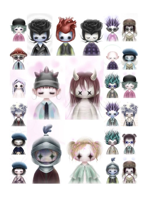 A collage of gothic-style chibi character illustrations featuring pale figures with horns, X-eyes, and dark fantasy aesthetics in various costumes.