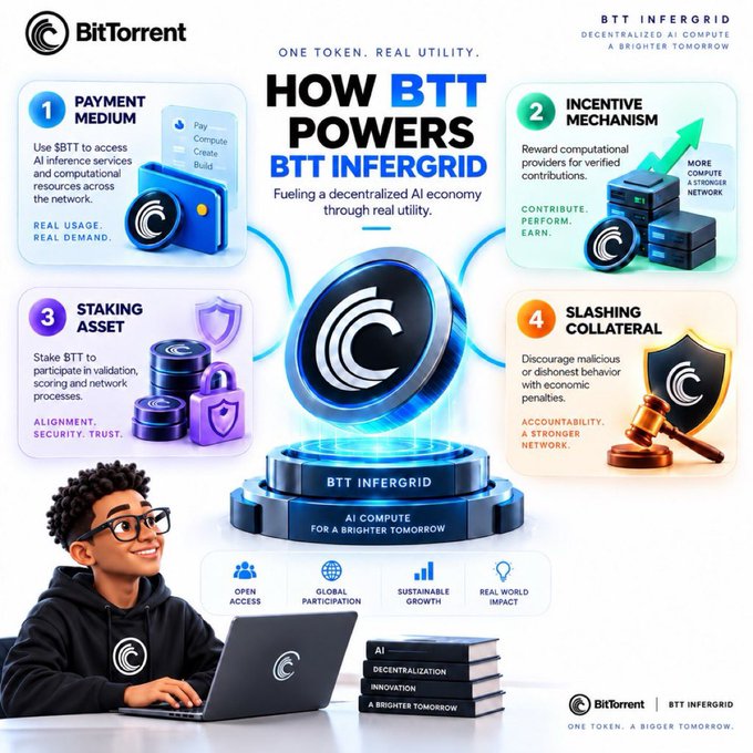 The image is an infographic titled "HOW BTT POWERS BTT INFERGRID," detailing four utility pillars for the BitTorrent (BTT) token: (1) Payment Medium for AI compute access, (2) Incentive Mechanism rewarding computational providers, (3) Staking Asset for network validation, and (4) Slashing Collateral to penalize malicious behavior—directly illustrating the post's point about BTT transforming idle hardware into decentralized AI compute infrastructure.