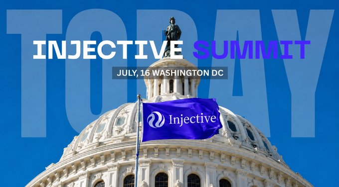Promotional graphic for the 'INJECTIVE SUMMIT' held July 16 in Washington DC, featuring the U.S. Capitol building and Injective logo on a blue flag.