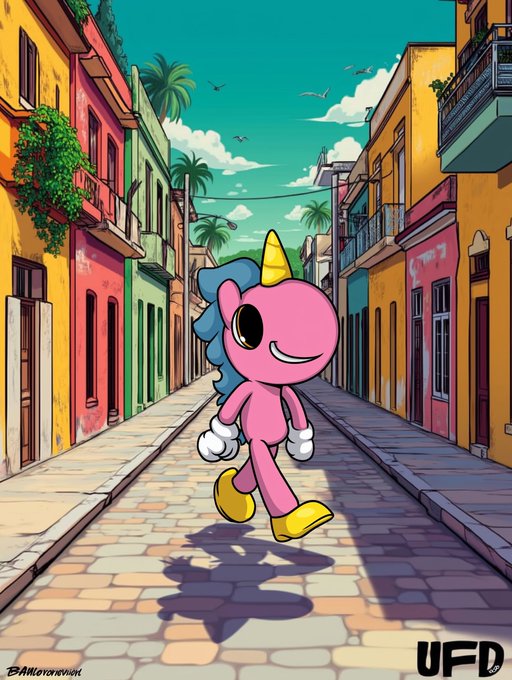 A vibrant cartoon illustration of a pink unicorn character with a blue mane and yellow horn walking down a colorful cobblestone street lined with bright buildings, with 'UFO' text in the bottom right.