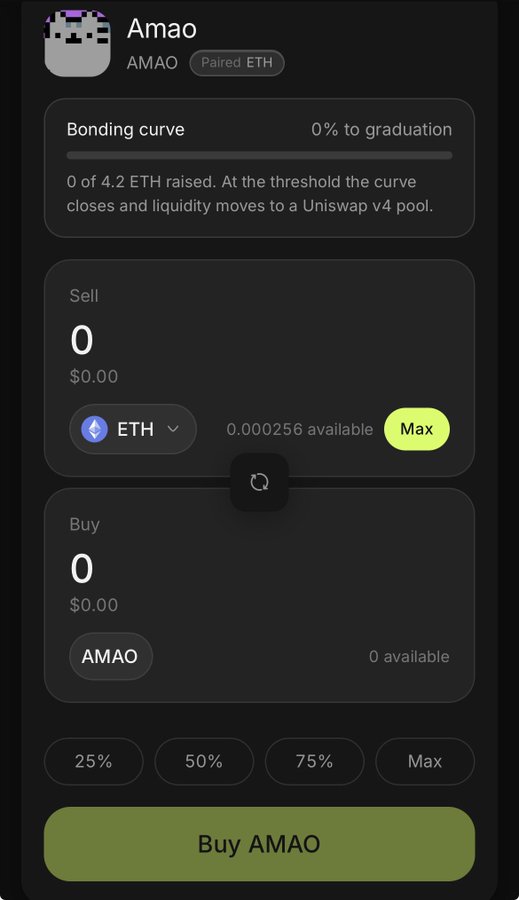 The image shows a trading interface for an AMAO token paired with ETH, displaying 0 of 4.2 ETH raised on its bonding curve (0% to graduation) with sell/buy options. It relates to the post by showing a tutorial-style memecoin launch interface, where the user is in the early stages of setting up a new coin, with their available balance showing only 0.000256 ETH — illustrating the limited starting capital mentioned in the post.