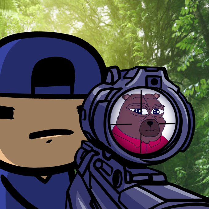 A cartoon-style illustration of a soldier in a blue cap aiming a rifle with a scope, where the crosshairs are pointed at a brown bear wearing a red shirt, set against a green forest background.