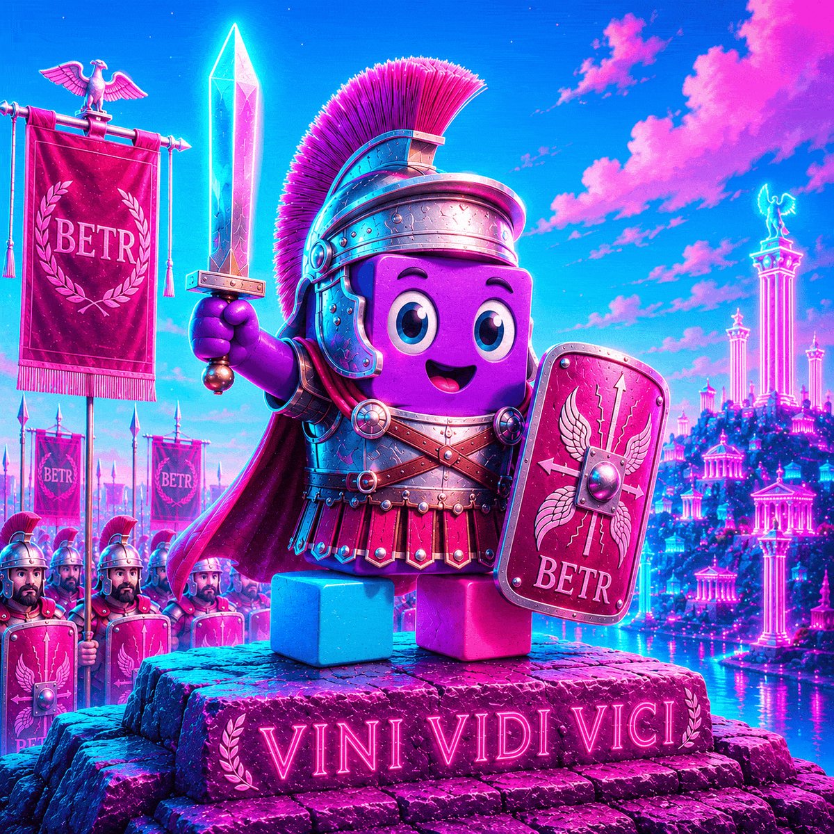 The image features a purple robot-like character with a sword and shield standing atop a rock formation. The character has a big smile on its face and appears to be ready for battle or an adventure. In the background, there are banners that say "BETR" and "Vini App". The post also mentions that the character is related to the Vini app and encourages users to spin the neon flywheel to win up to 100x back in the app.