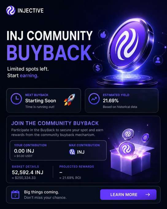 The image displays an Injective (INJ) Community Buyback promotional graphic featuring a 3D-rendered purple INJ token coin, with key metrics showing "52,592.4 INJ" basket details, a "21.69% ROI" estimated yield, and a "Learn More" call-to-action. It directly supports the accompanying Vietnamese post announcing the return of Injective's Community BuyBack program in July, featuring an upcoming buyback event with details on maximum contributions and projected rewards.