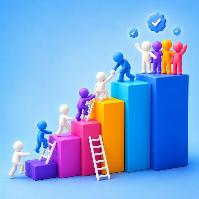 A 3D illustration of colorful humanoid figures climbing up a staircase of increasing colored blocks (purple, pink, yellow, blue) using ladders, with achievement checkmark icons above them on a blue background.